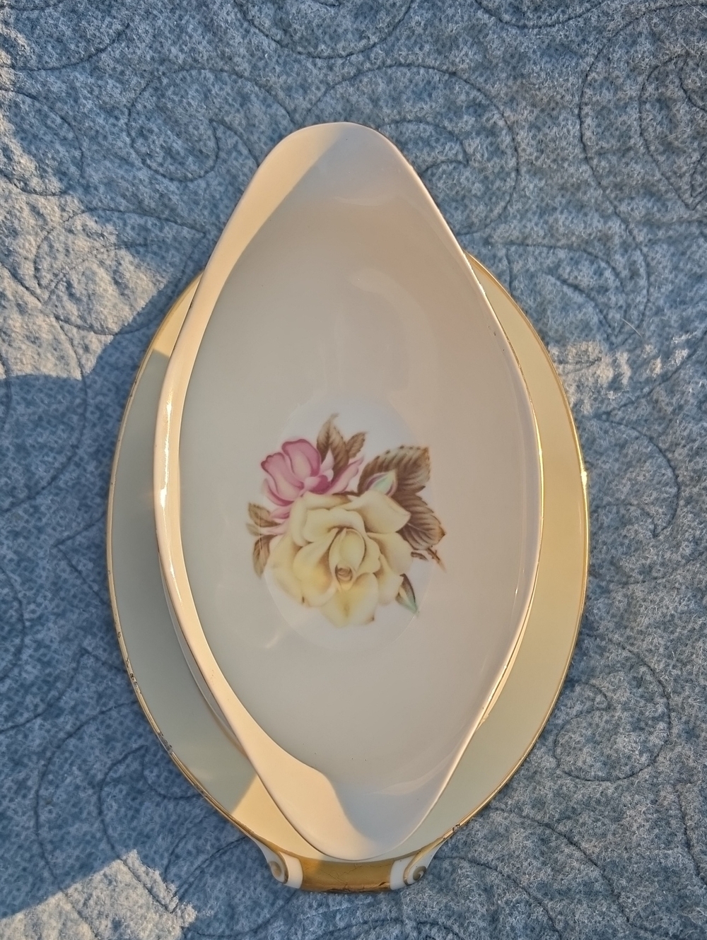 Elegant Floral Porcelain Serving Dish in Cream and Gold